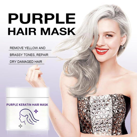 ⏳Réduction limitée de 50%🎁Masque capillaire à la kératine violette : fixe la couleur et neutralise les tons cuivrés et jaunes pour les cheveux blonds, gris argentés et méchés.