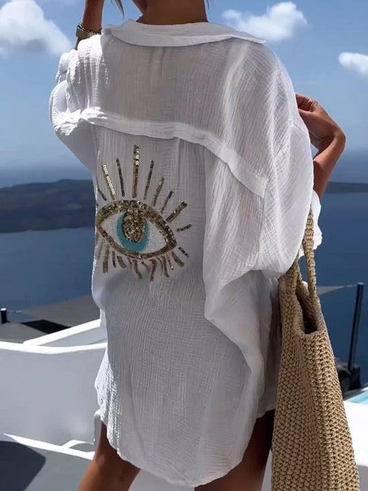 ⏳Réduction limitée de 50%🎁Chemise décontractée à paillettes et perles gros yeux