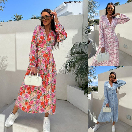 ⏳Réduction limitée de 50%🎁Robe fleurie tendance à manches longues, accentuant la taille, avec col en V et patte de boutonnage